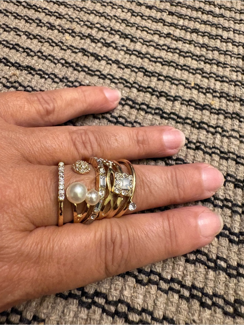 Gold Pearl and Crystal Stacked Ring Set - Women's Fashion Jewelry